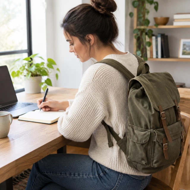 Adult using a canvas backpack at a desk in soft daylight.