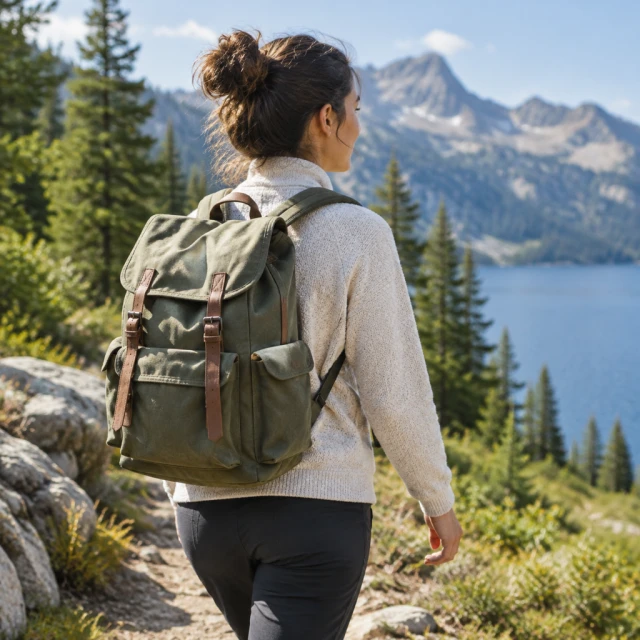 Adult walking outdoors with a canvas backpack.