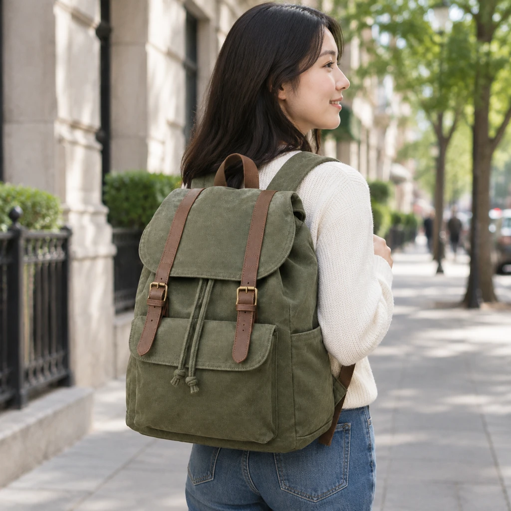 Adult wearing a canvas backpack on a city walk, candid pose and full pack visible.