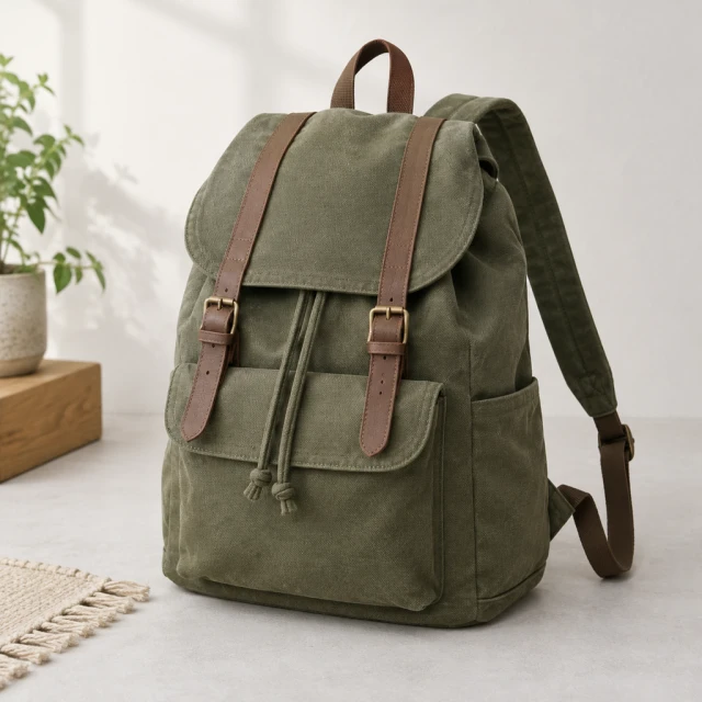 Canvas backpack alone on a pale studio surface, full outline and straps visible.