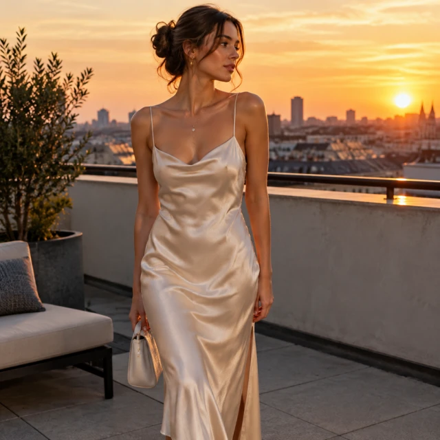 Slip dress outfit on a rooftop at sunset.