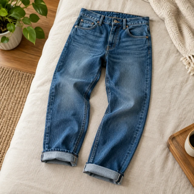Denim jeans laid flat with rolled cuffs.