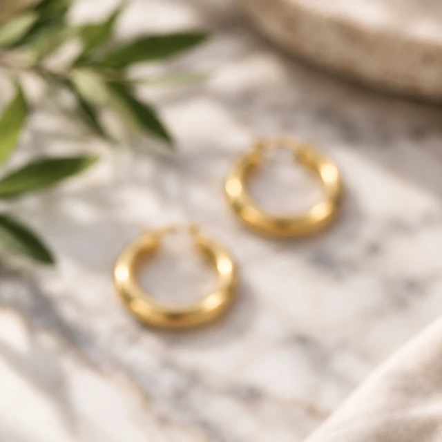 Soft-focus close-up of gold hoop earrings