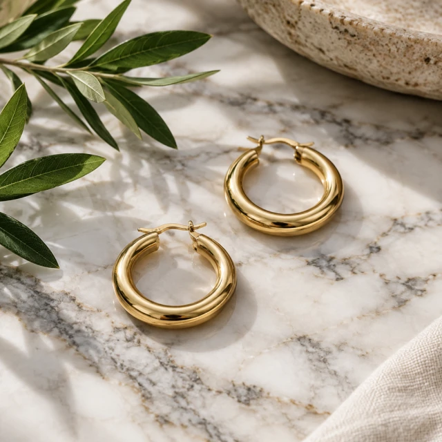 Two polished gold hoops rest on veined marble with a leafy sprig nearby.