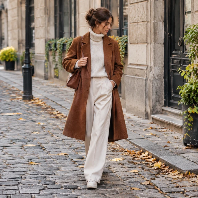 Editorial lookbook frame of an autumn outfit on a cobblestone street.