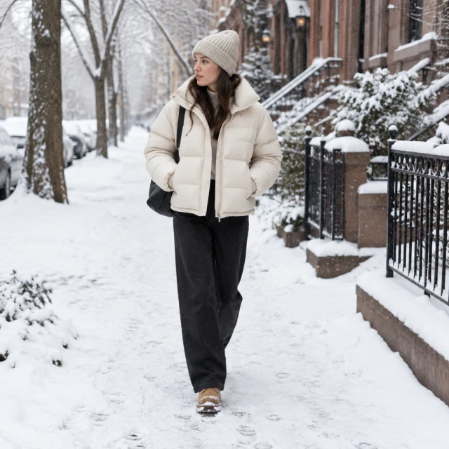 Puffer jacket outfit on a snowy street, full body.
