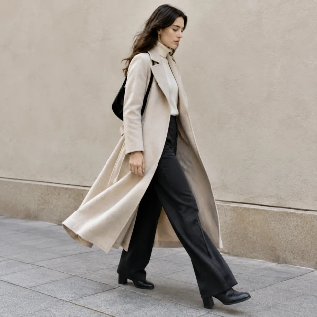 Long coat hem swinging as the wearer walks past a neutral wall.