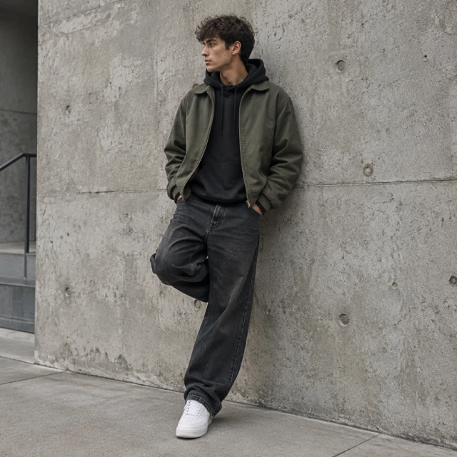 Streetwear look against a concrete wall, editorial framing.