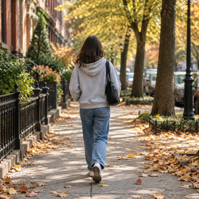 Person in a gray hoodie and jeans walking along a tree-lined city street in autumn, face turned away