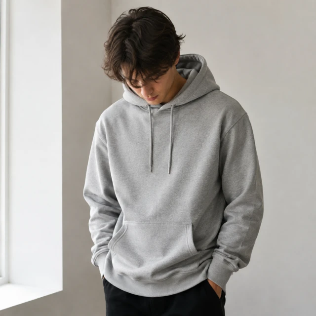 Heather-gray pullover hoodie with drawstrings and a front pocket on a light studio background