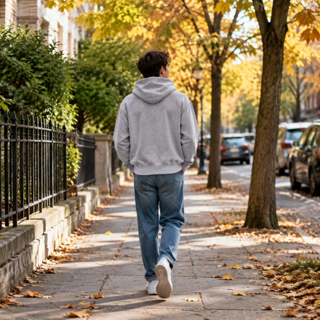 Person in a gray hoodie and jeans walking along a tree-lined city street in autumn, face turned away