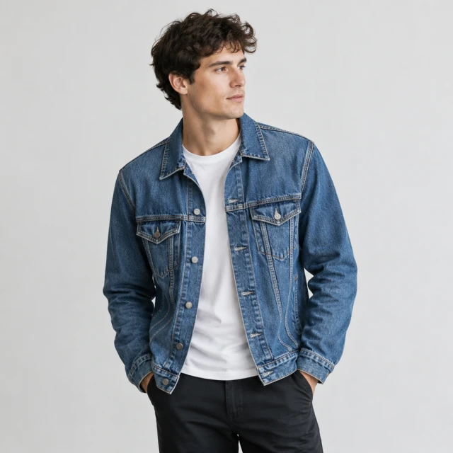 Model wearing a denim jacket in a plain studio, full upper body.