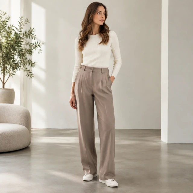 Model wearing tailored trousers, full length, neutral studio.
