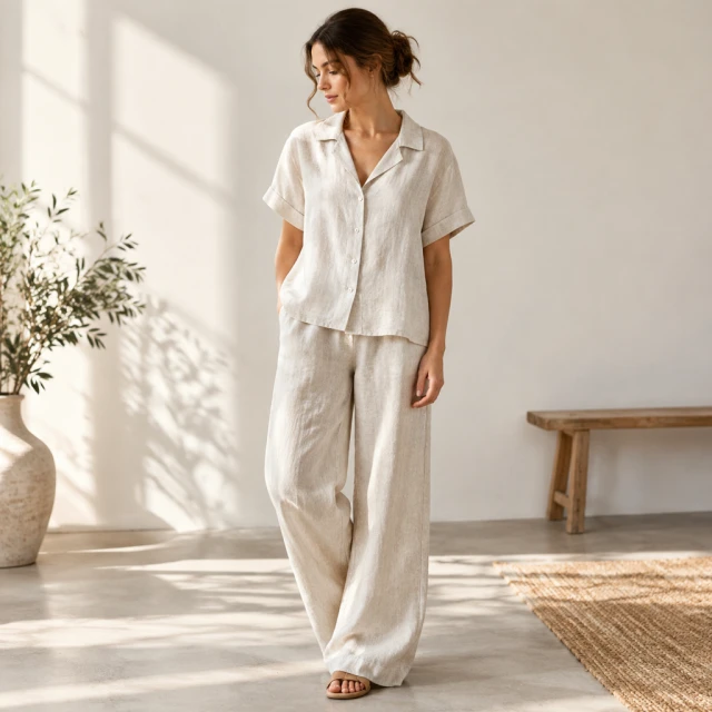 Minimal linen two-piece set on a model in a sunlit studio.