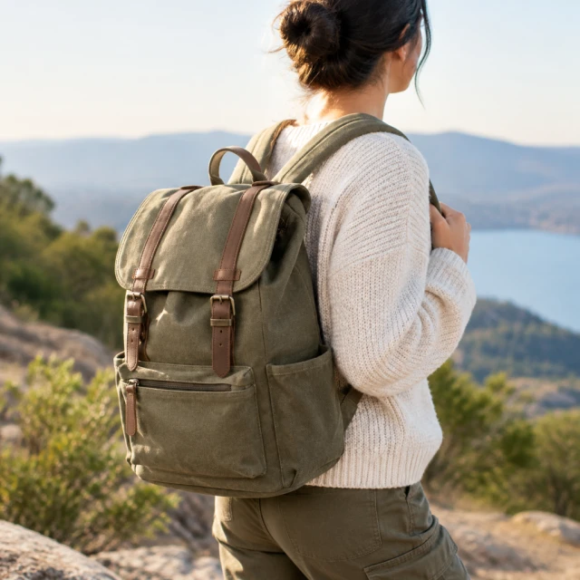 Canvas backpack worn by an adult in a clean square product image, candid and not facing the camera.