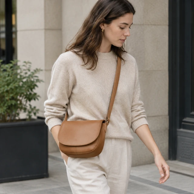 Tan leather shoulder bag carried across the body by an adult in a neutral outfit, candid pose.