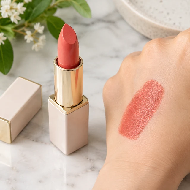 Close-up of coral lipstick beside a swatch of its shade on the back of a hand.
