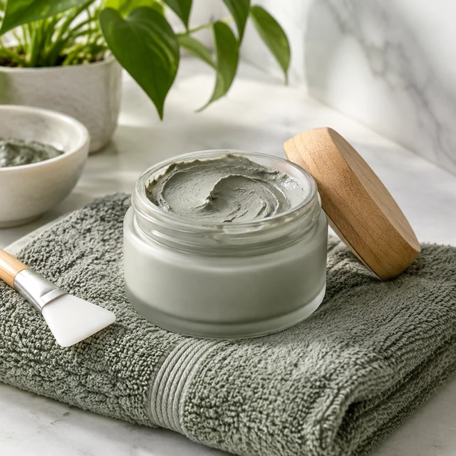 Clay mask jar open on a folded towel