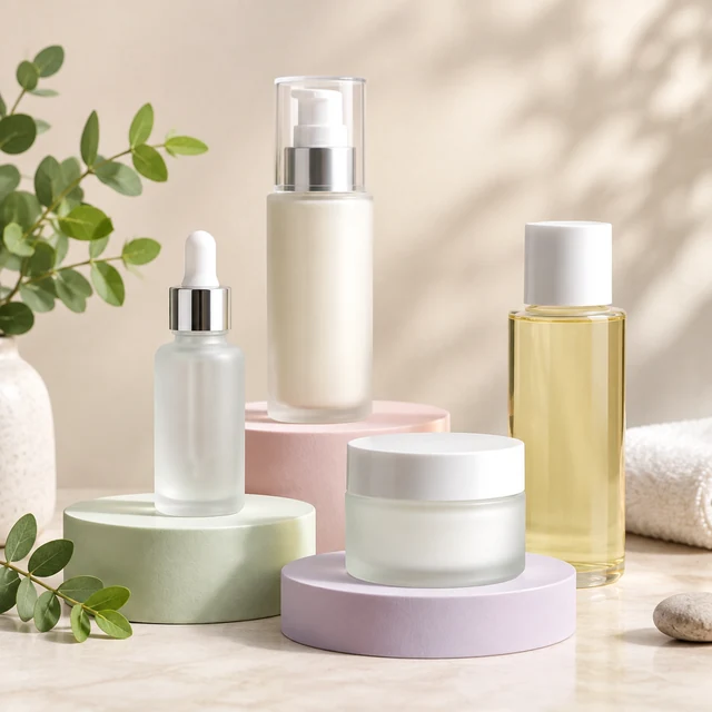 Skincare bottles on pastel podiums, empty headline area.