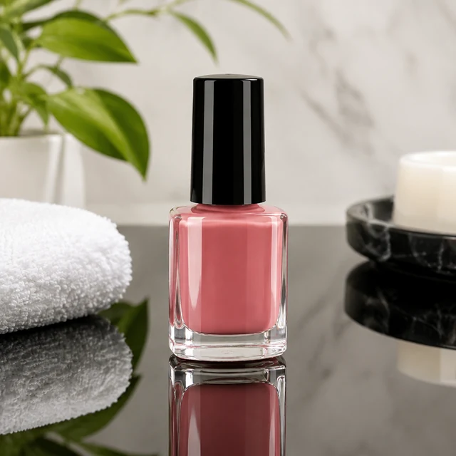 Glossy nail polish bottle on black acrylic with a sharp reflection.