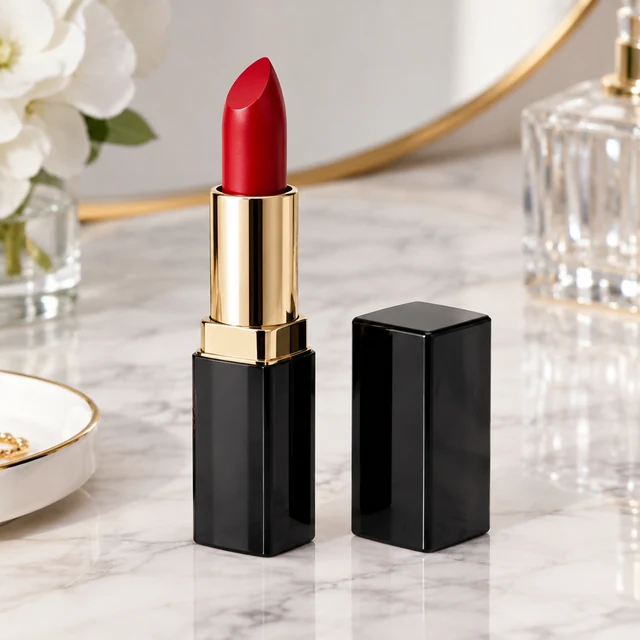 Red lipstick standing uncapped on a white marble vanity.