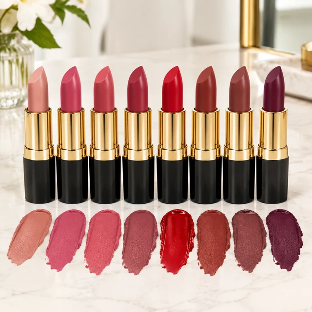 Matte and glossy lipstick swatches and bullets side by side.
