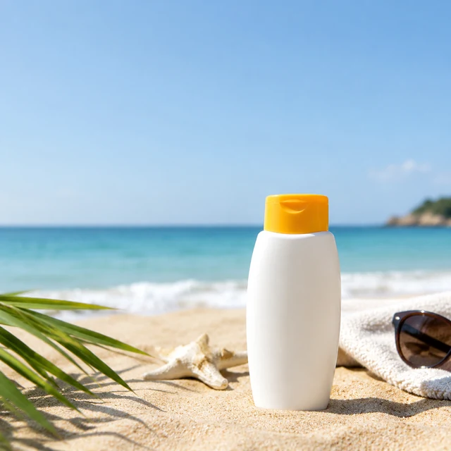 Sunscreen bottle in beach light with empty space at the top.
