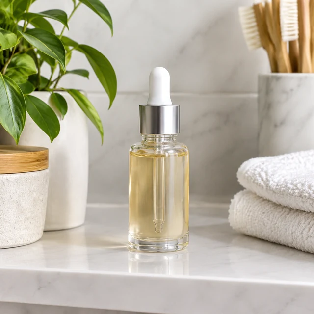 Serum bottle back on a tidy bathroom shelf.