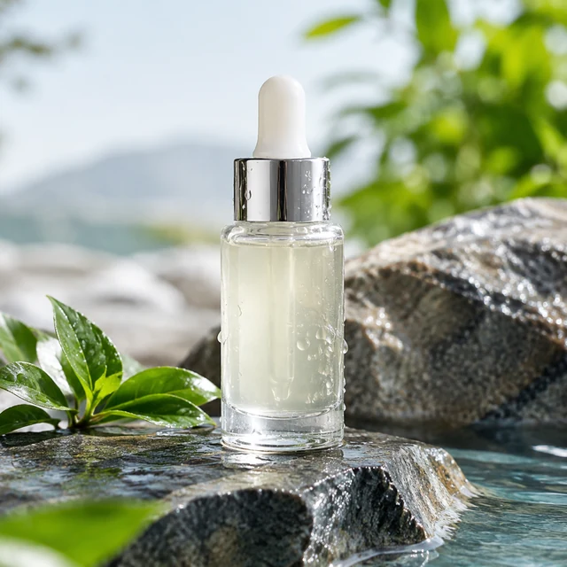 Skincare bottle on wet stone