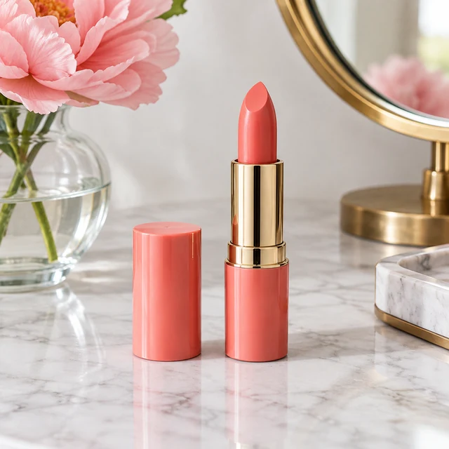 Coral lipstick and its cap on a white marble vanity beside a pink flower in a glass vase and a round brass mirror