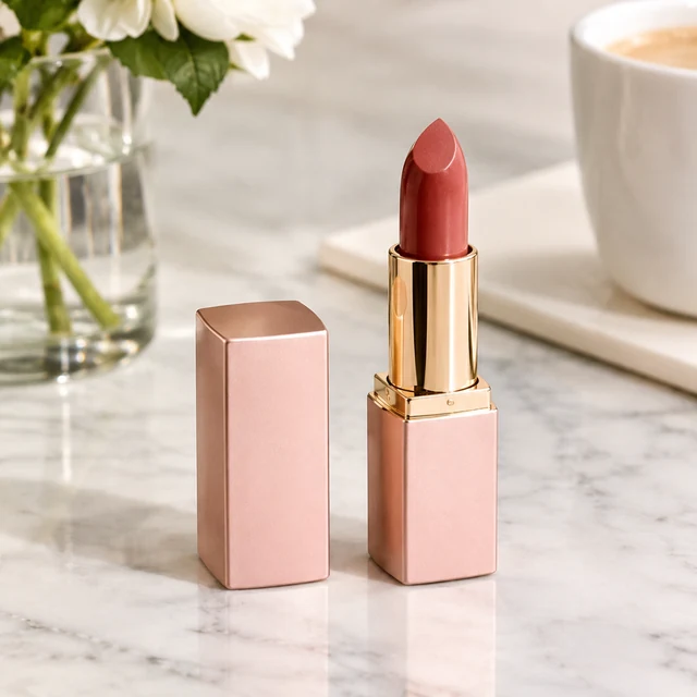 Coral lipstick and its cap on a marble vanity.