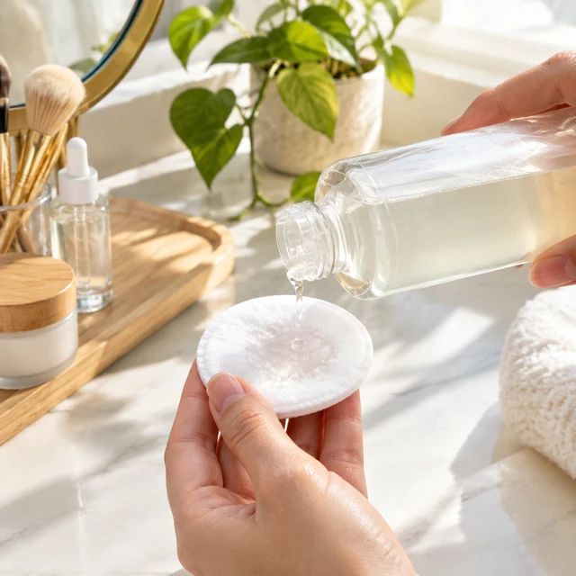 Hydrating toner patted onto a cotton pad at a sunny vanity.