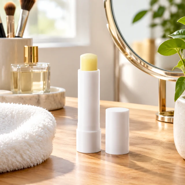 Lip balm tube on a vanity next to a round mirror, morning routine.
