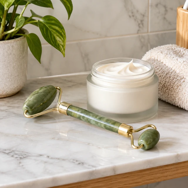 Jade face roller resting beside a jar of cream on a bathroom shelf.