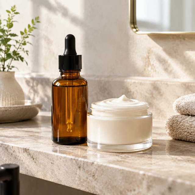 Amber dropper serum bottle and a cream jar on a stone bathroom shelf in soft morning light
