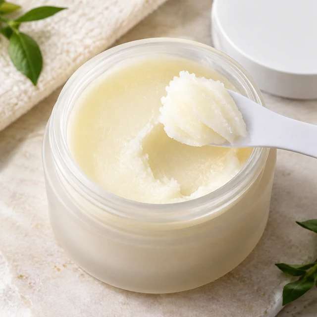 Cleansing balm scooped from its jar with a small spatula.