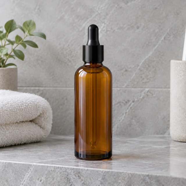 Amber skincare bottle on a pale stone bathroom shelf.