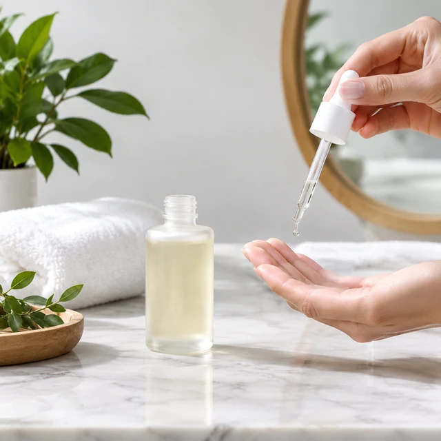 Hand applying serum beside a glass bottle at a bathroom vanity.