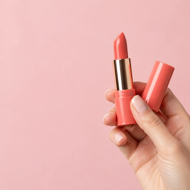 Hand holding a coral lipstick and its cap against a soft pink backdrop with open space on the left