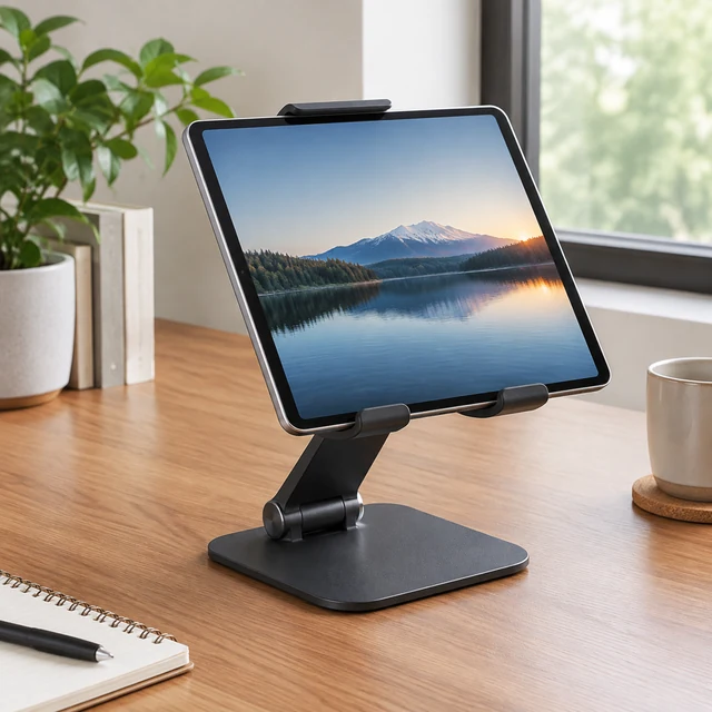 Tablet stand holding a tablet on a desk
