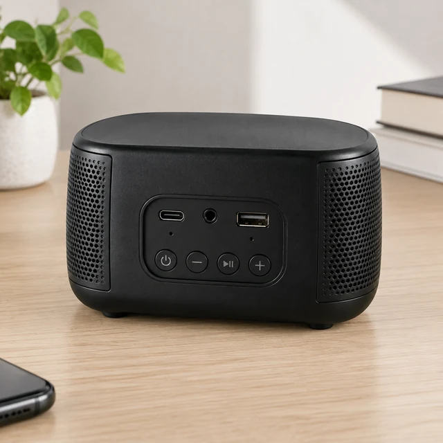 Compact black portable speaker turned to show its rear ports and controls.