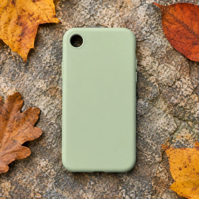Light green phone case with one round camera opening among autumn leaves.