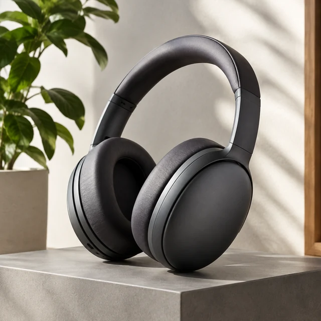 Headphones resting on a matte pedestal in side light.