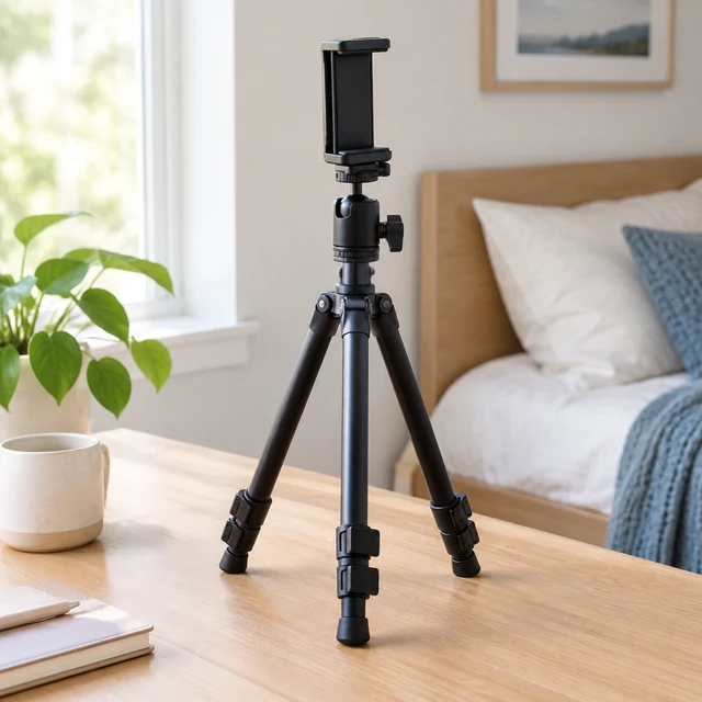Phone tripod set up on a bedroom desk, natural light.