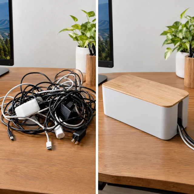 Tangled desk cables on one side and cables arranged neatly in a small organizer on the other.