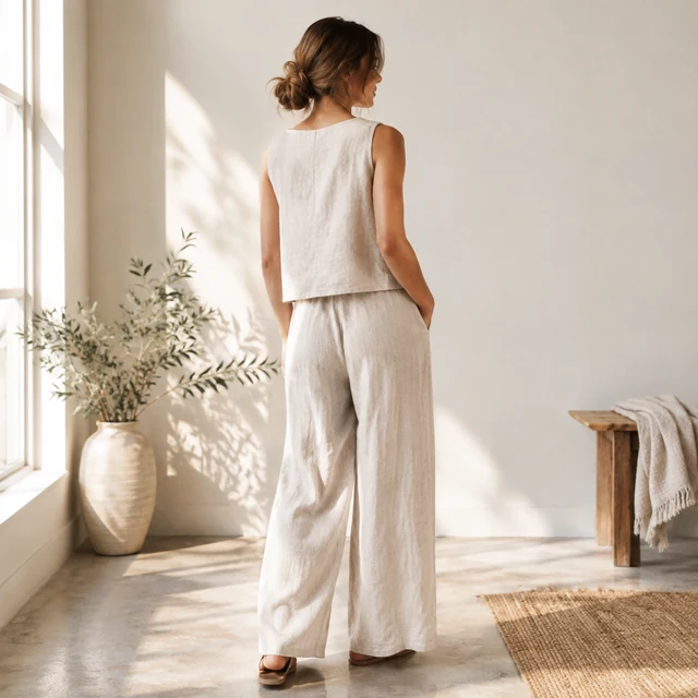 Minimal linen two-piece set on a model in a sunlit studio.