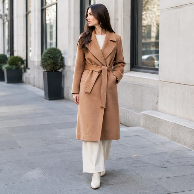 Adult wearing a camel wool coat on a city sidewalk, full body.