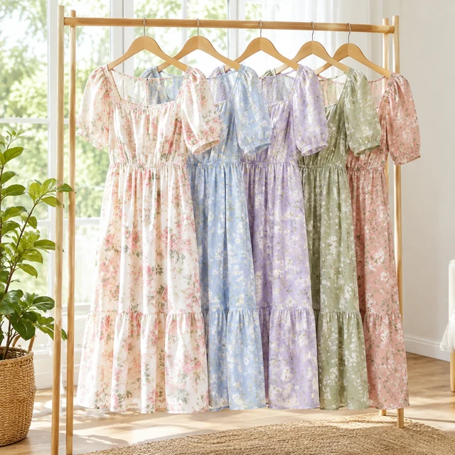 Pastel floral dresses hang on wooden hangers before a bright window beside a leafy plant.