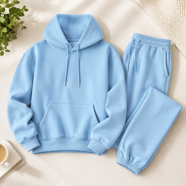 Blue hooded sweatshirt and matching pants arranged on a white bed.