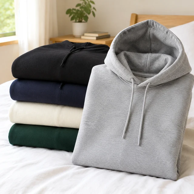 Folded neutral hoodies stacked on a white bed.